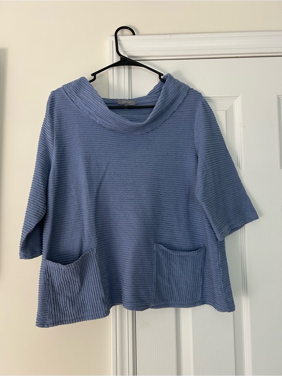 Habitat Tops - Habitat Dusty Blue Ribbed Short-Sleeve Pullover with Cowl Neck-100% cotton